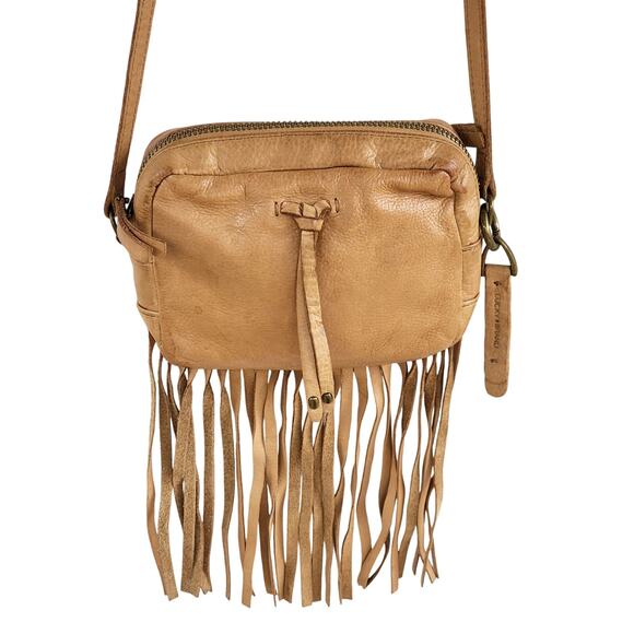 Lucky Brand  Vintage 100% Leather Boho Fringe Crossbody Shoulder Bag in Camel - Picture 1 of 10